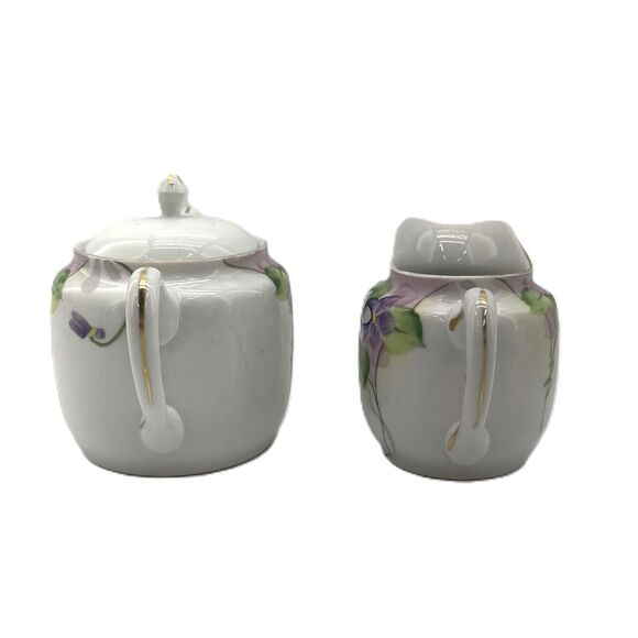 Meito China Creamer & Sugar Bowl w/ Lid Hand Painted Violet Floral Gold Trimmed - Picture 3 of 15